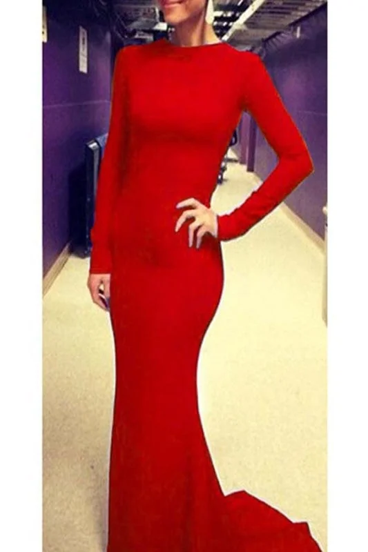 long sleeve evening dress-Newest Charming Red Long Sleeve Backless Prom Dress