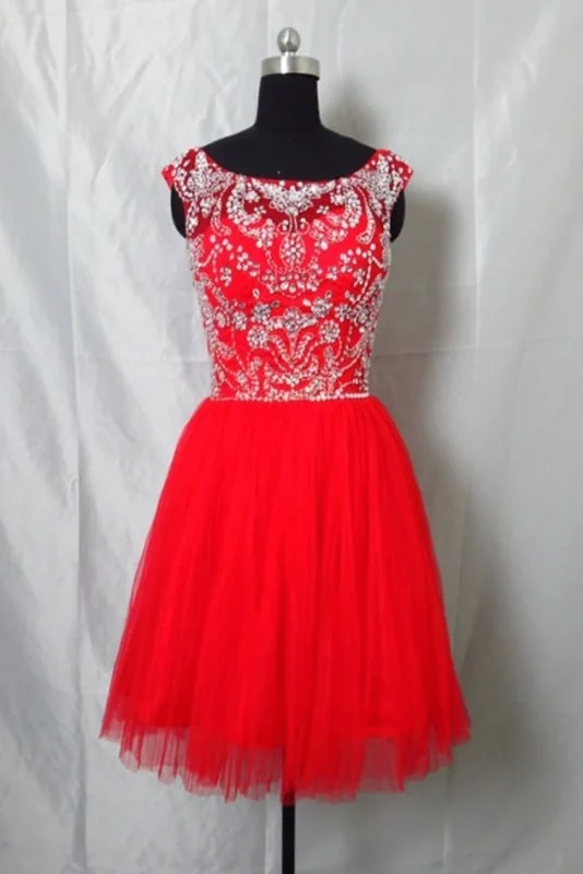 glamorous evening dress-Newest Red Tulle Short Prom Homecoming Dress