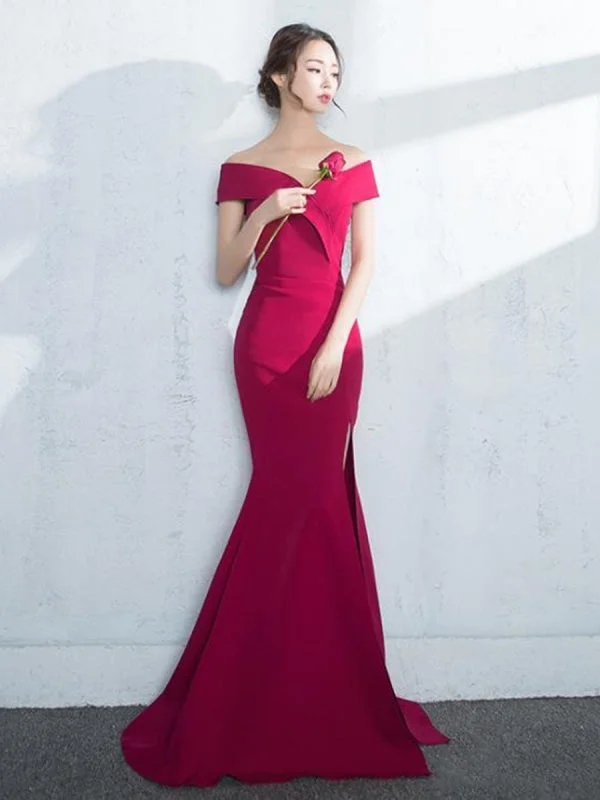 evening gown for formal events-Off Shoulder Mermaid Burgundy/Navy Blue/Black Satin Long Prom with Slit, Burgundy/Navy Blue/Black Mermaid Formal, Evening