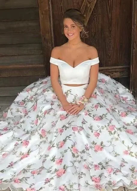 spaghetti strap evening dress-Off Shoulder Two Piece Prom Dresses with 3D Flowers