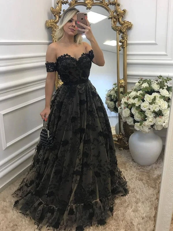 evening dress with mesh overlay-Off Shouler Black Lace Long Prom Dresses with Appliques, Off Shoulder Black Formal Dresses, Evening Dresses