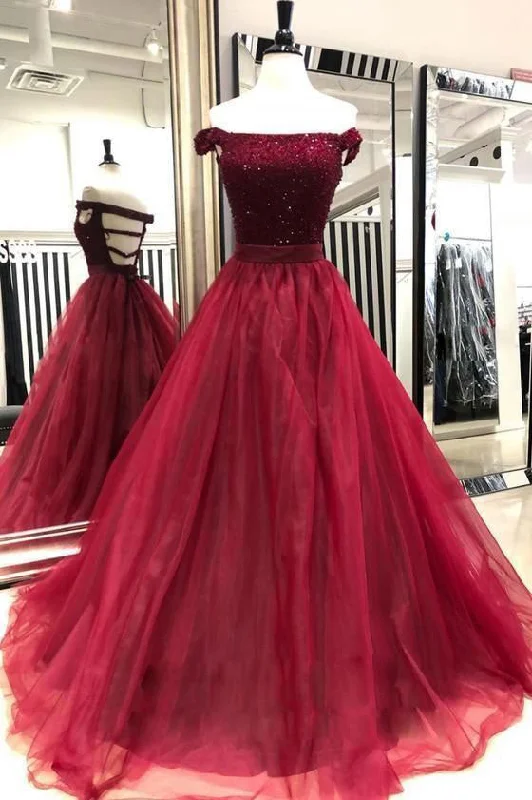 evening dress with plunging neckline-Off the Shoulder Burgundy Prom Dresses with Beaded