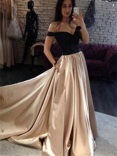 black lace evening gown-Off the Shoulder Champagne Long Prom Dresses with Beaded