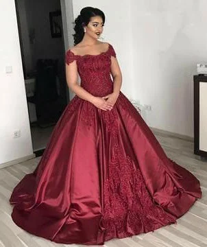 illusion back evening gown-Off the Shoulder Court Tain Prom Dresses with Appliques