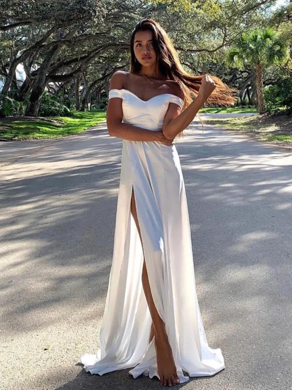 evening gown for prom-Off the Shoulder High Split White Long Prom, Off Shoulder White Formal, Evening