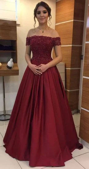 evening dress with sleeves and lace-Off the Shoulder Long Burgundy Prom Dresses with Appliques