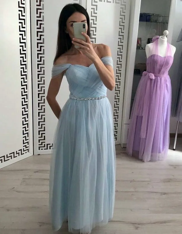 spaghetti strap evening dress-Off the Shoulder Long Prom Dresses Waist with Beaded