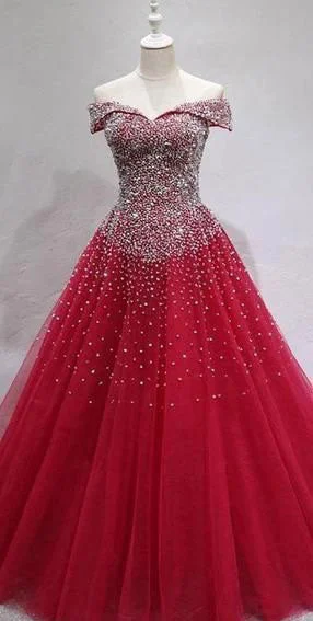 high slit evening gown-Off the Shoulder Long Prom Dresses with Beaded