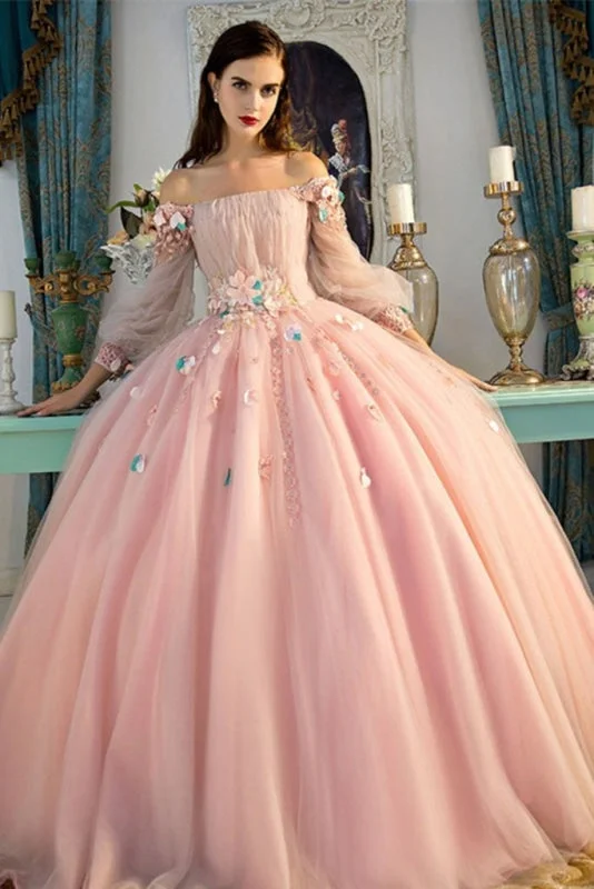 metallic evening dress-Off-the-Shoulder Long Sleeves Ball Quinceanera With Flowers Prom Dress