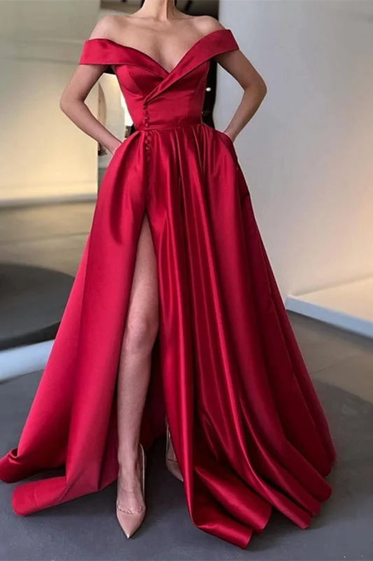 sweetheart neckline evening gown-Off-the-Shoulder Long Split Prom Dress