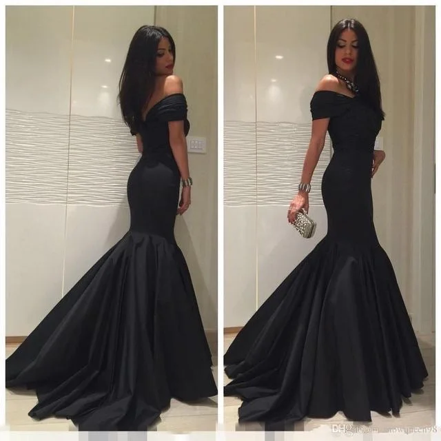 empire waist evening dress-Off the Shoulder Mermaid Black Prom Dresses Evening Gowns