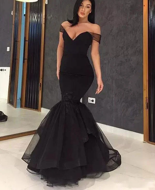 evening gown for prom-Off the Shoulder Mermaid Black Prom Dresses with Lace Appliques