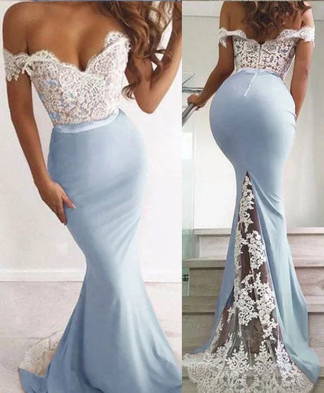 navy blue evening dress-Off the Shoulder Mermaid Long Prom Dresses with Appliques Lace