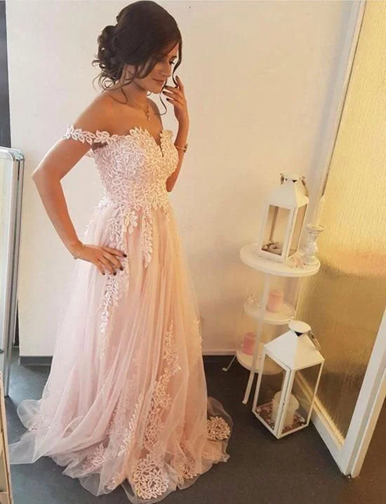 elegant ball gown evening dress-Off the Shoulder Pear Pink Long Prom Dresses with Appliques