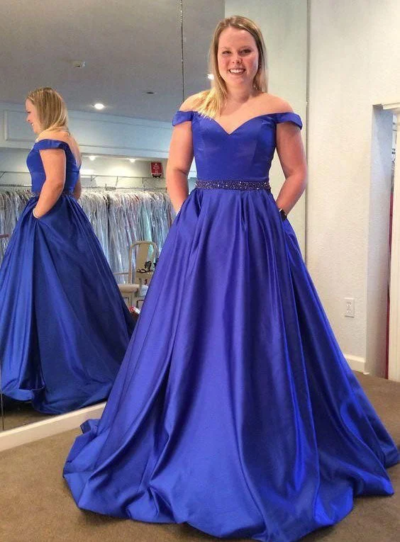 pleated evening dress-Off the Shoulder Royal Blue Long Prom Dresses Waist with Beaded