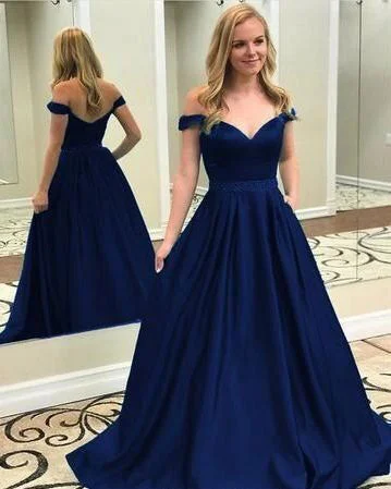 evening dress with plunging neckline-Off the Shoulder Royal Blue Long Prom Dresses Waist with Beaded