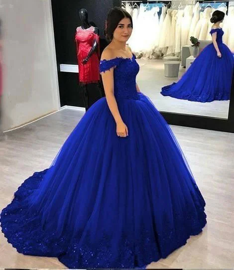 evening gown with sheer overlay-Off the Shoulder Royal Blue Prom Dresses Pageant Dresses with Appliques