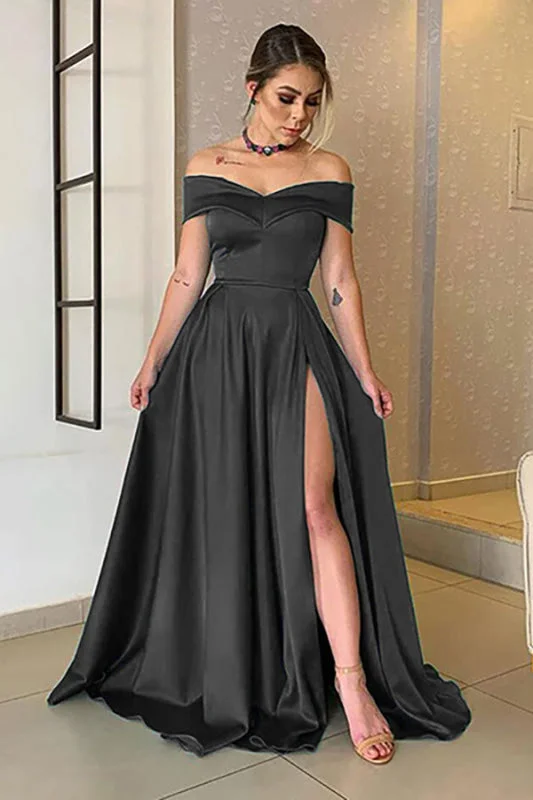 draped evening dress-Off-the-Shoulder Split Prom Dress Long