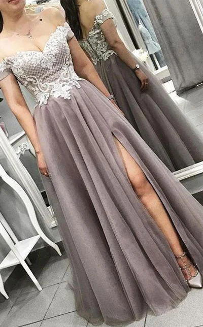 evening gown with keyhole-Off the Shoulder Split Side Long Prom Dresses with Appliques Lace