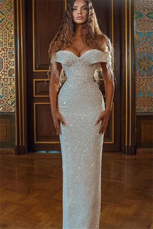 evening gown with train-Off-the-Shoulder White Sequins Mermaid Prom Dress