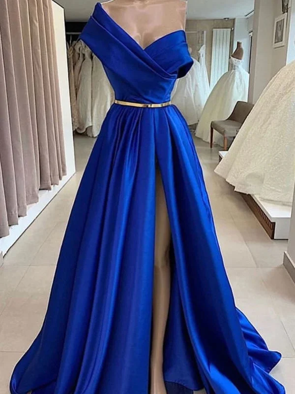 ruched evening gown-One Shoulder Long Royal Blue Prom, Royal Blue Long Formal Evening