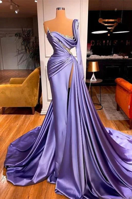 royal blue evening gown-One Shoulder Long Sleeves Mermaid Prom Dress with Beadings