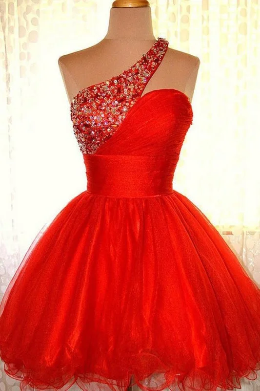 fit and flare evening gown-One shoulder Red Organza Prom Dresses Homecoming Dress