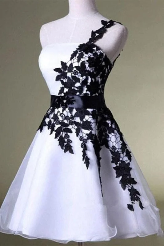 elegant evening attire-One Shoulder White Homecoming with Black Lace Knee Length Party Dress