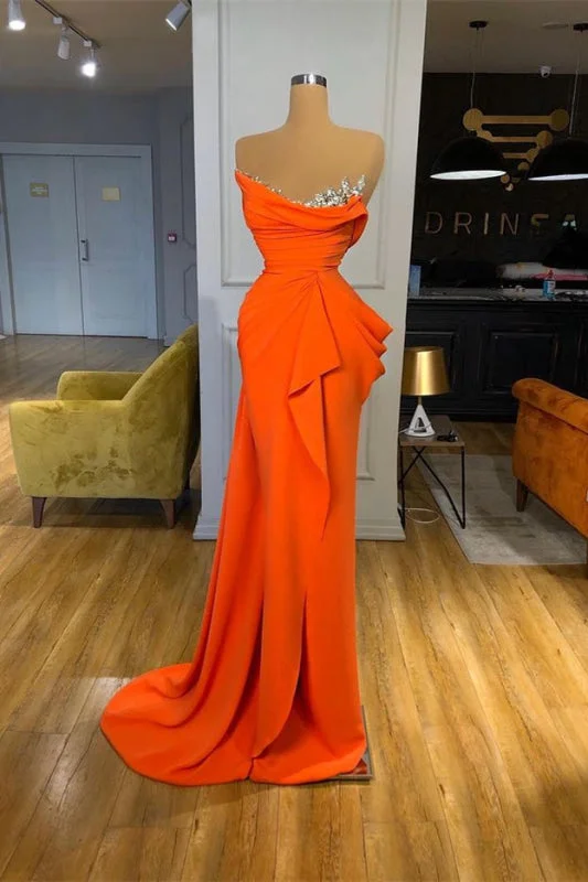 elegant evening attire-Online Orange Sequins Mermaid Strapless Prom Dress with Sleeveless