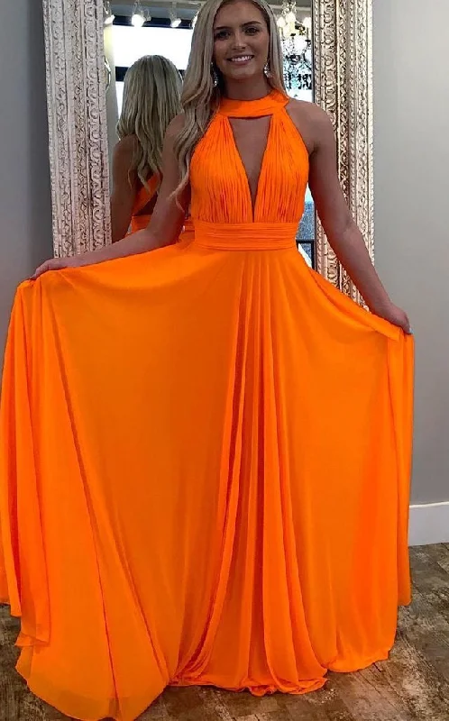 evening dress with mesh overlay-Orange Keyhole Long Prom Dresses Evening Gowns for Women