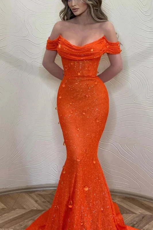 elegant ball gown evening dress-Orange Mermaid Off-The-Shoulder Prom Dress with Sequins