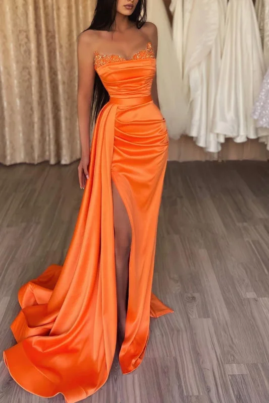 royal blue evening gown-Orange Strapless Long Mermaid Prom Dress Split with Ruffles