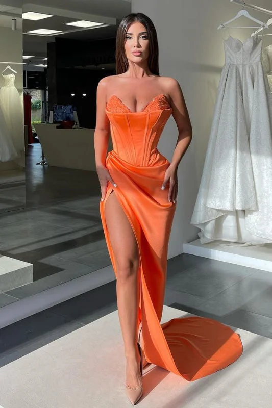 glamorous evening dress-Orange V-Neck Sleeveless Mermaid Prom Dress with Beads Split