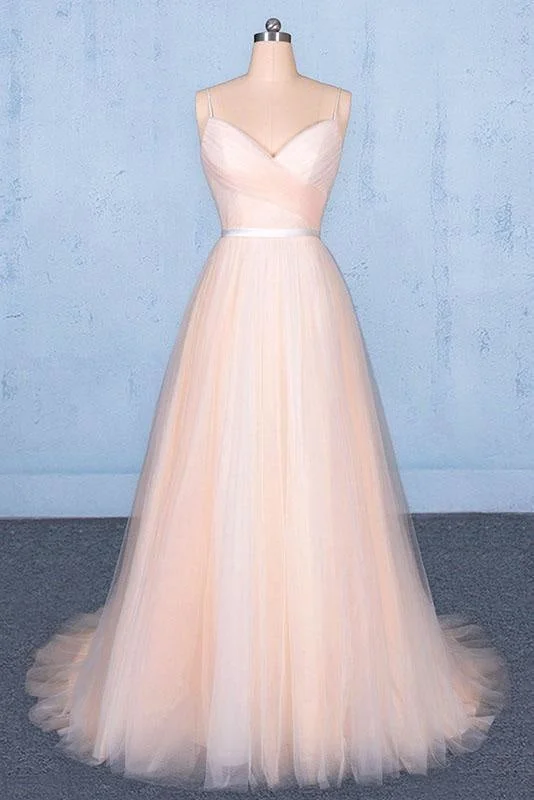 evening dress with plunging neckline-Peach V Neck Sleeveless A Line Prom Dresses Straps Tulle Evening Dress