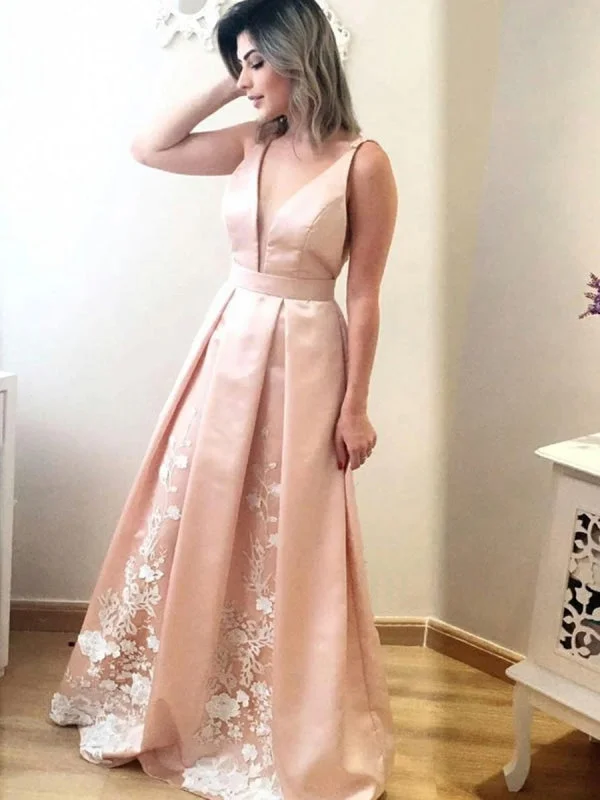 long sleeve evening dress-Pink A Line V Neck Floor Length Lace Appliques Pleated Satin Long Prom, V Neck Pink Formal Graduation Evening