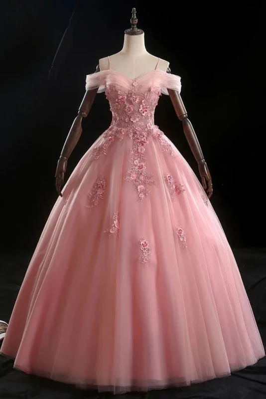 sophisticated evening gown-Pink Ball Gown Off Shoulder Prom with Flowers Floor Length Applique Quinceanera Dress