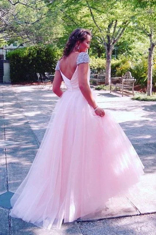 spaghetti strap evening dress-Pink Cap Sleeves A Line Long Prom Dresses with Rhinestones