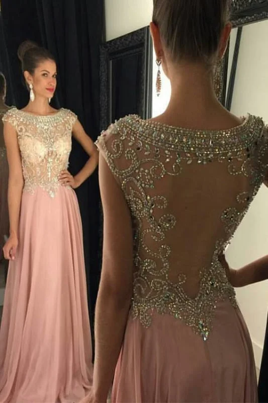 evening gown with sheer overlay-Prom Dresses Crystals Beaded Open Back Long Luxury Evening Gowns