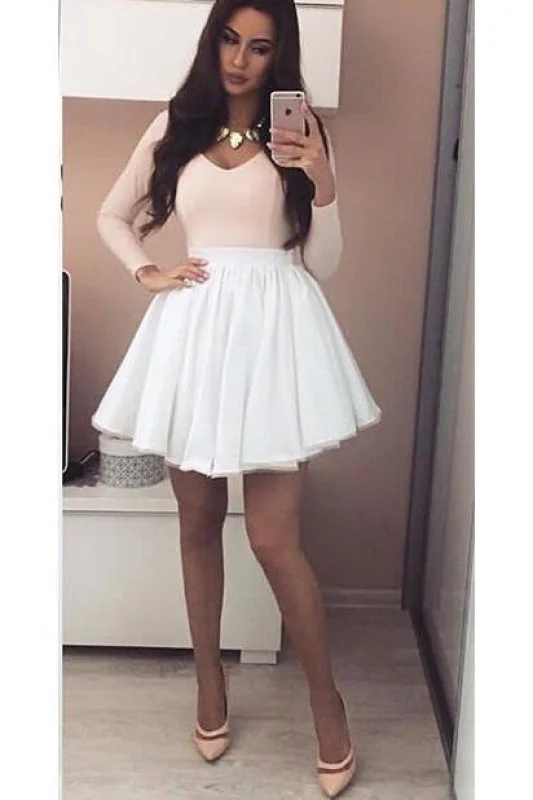 elegant evening dress with beads-Pink Long Sleeves V-neck Homecoming Dress with White Skirt Mini Grad Dresses