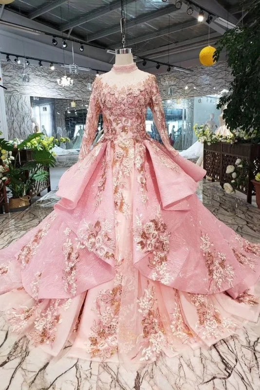 evening dress with bow detail-Pink New Prom Dresses Long Sleeves Ball Gown With Applique&Beads Quinceanera Dress