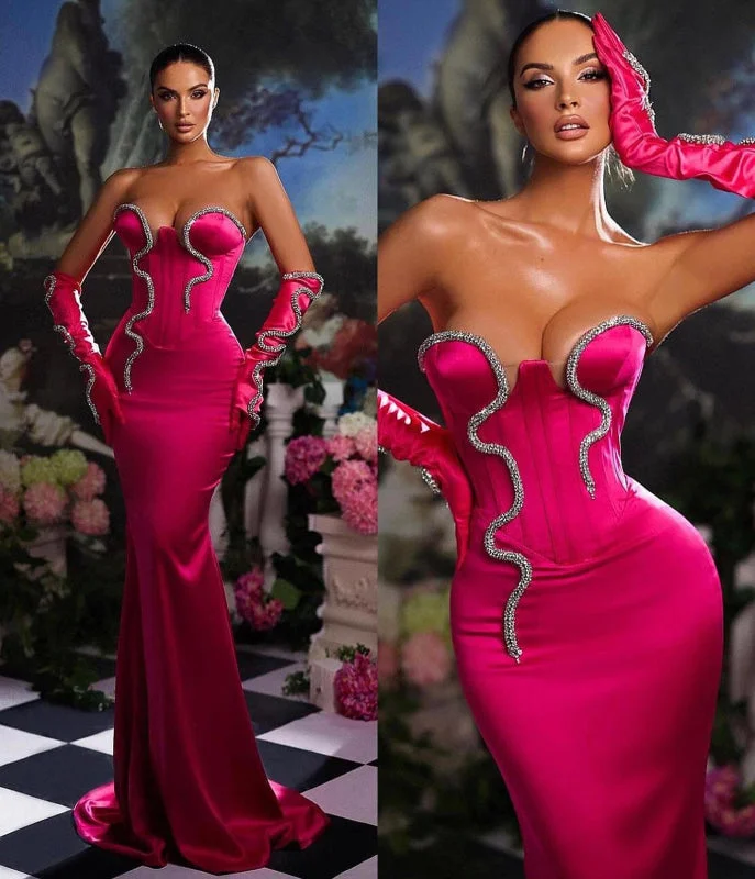 draped evening dress-Pink Strapless Mermaid Prom Dress Long with Gloves