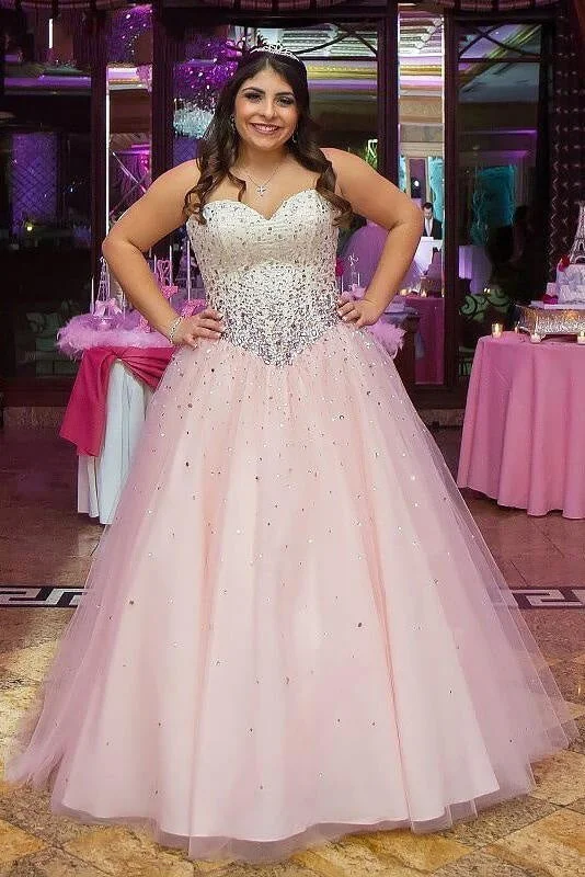 sophisticated evening gown-Pink Sweetheart Ball Gown Sleeveless Floor-length Tulle Formal Dress with Rhinestone