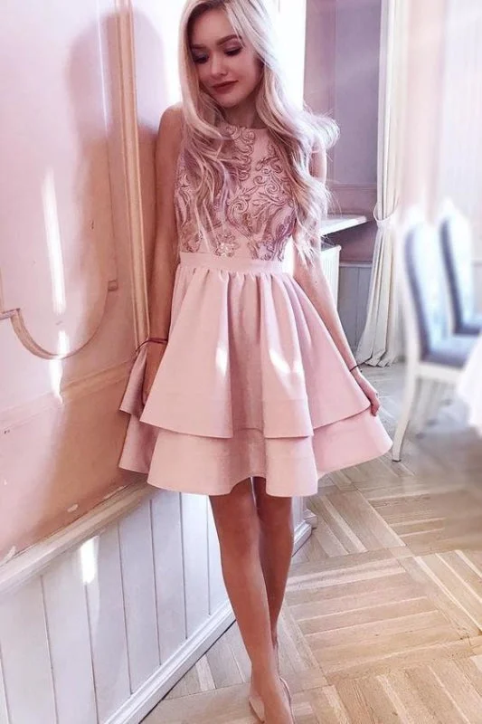 evening dress with appliqués-Pink Tiered Homecoming Party with Appliques A Line Sleeveless Graduation Dress