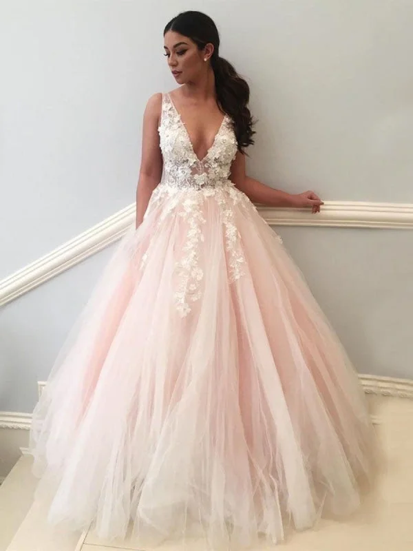 spaghetti strap evening dress-Pink V Neck Backless Lace Appliques Tulle Long Prom, V Neck Pink Lace Ball Gown, Pink Formal, Pink Lace Evening