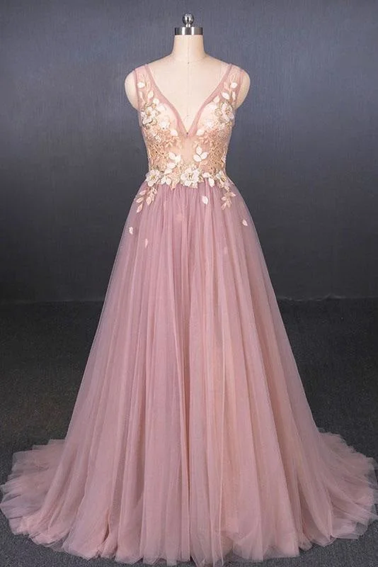 evening gown with crystals-Pink V Neck Sleeveless Prom with Appliques A Line Tulle Evening Dress