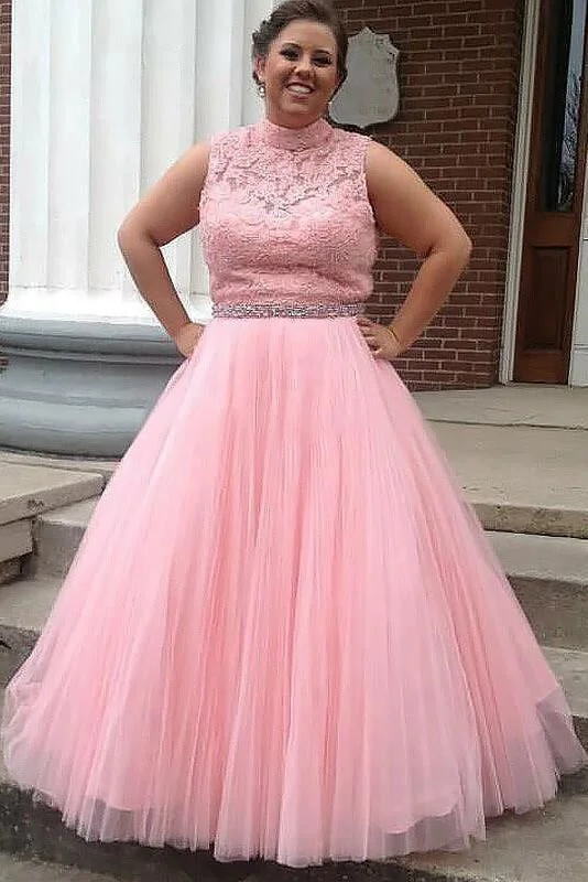 shimmering evening dress-Plus Size High Neck Sleeveless Open Back Beading Waist Tulle Prom Dress with Lace Top