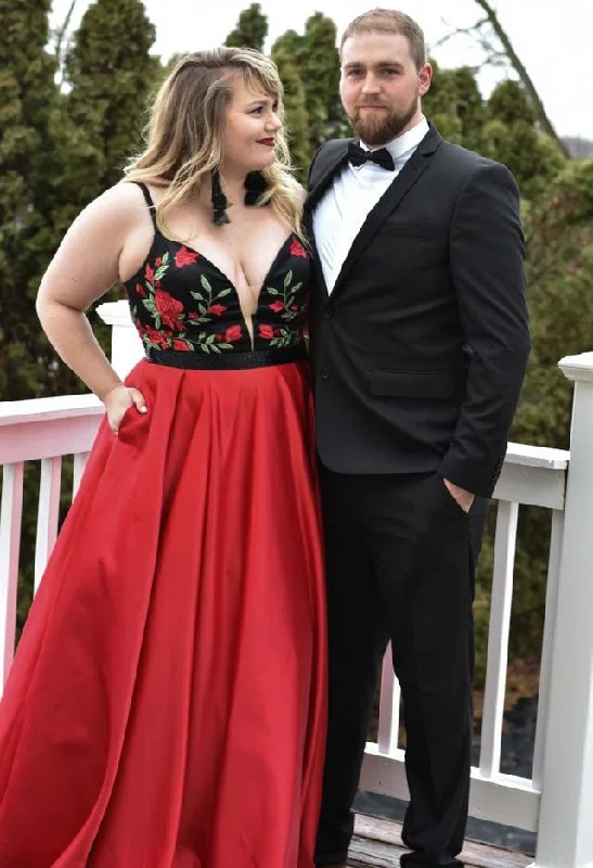 strapless evening gown-Plus Size Spaghetti Straps Red Long Prom Dresses with Pockets