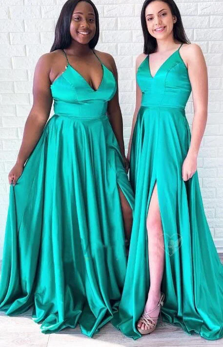 floor-length evening gown-Plus Size Spaghetti Straps V Neck Split Side Long Prom Dresses for Women