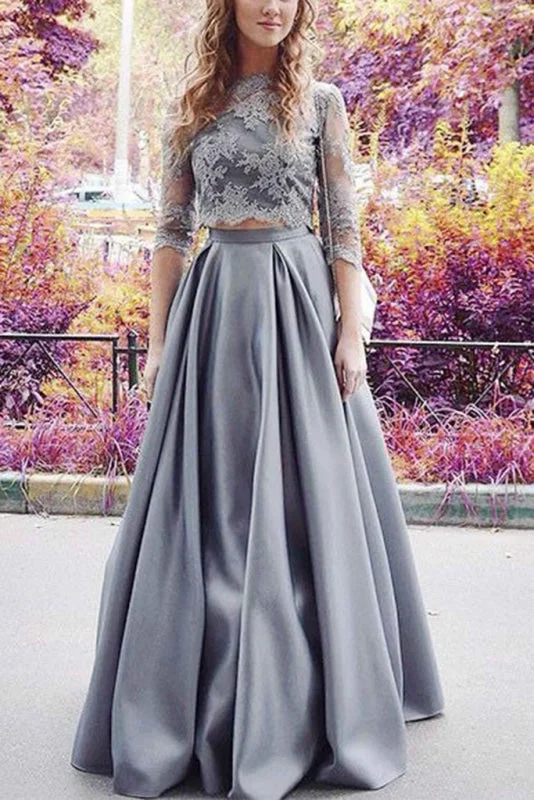 strapless evening gown-Precious Best Modest Half Sleeves Two Lace Crop 2 Pieces Sexy Prom Dress