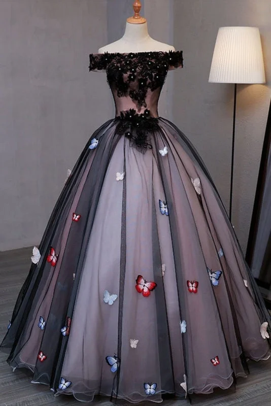 backless evening gown-Princess Black Tulle Off Shoulder Long Prom Dress with Butterfly Appliques